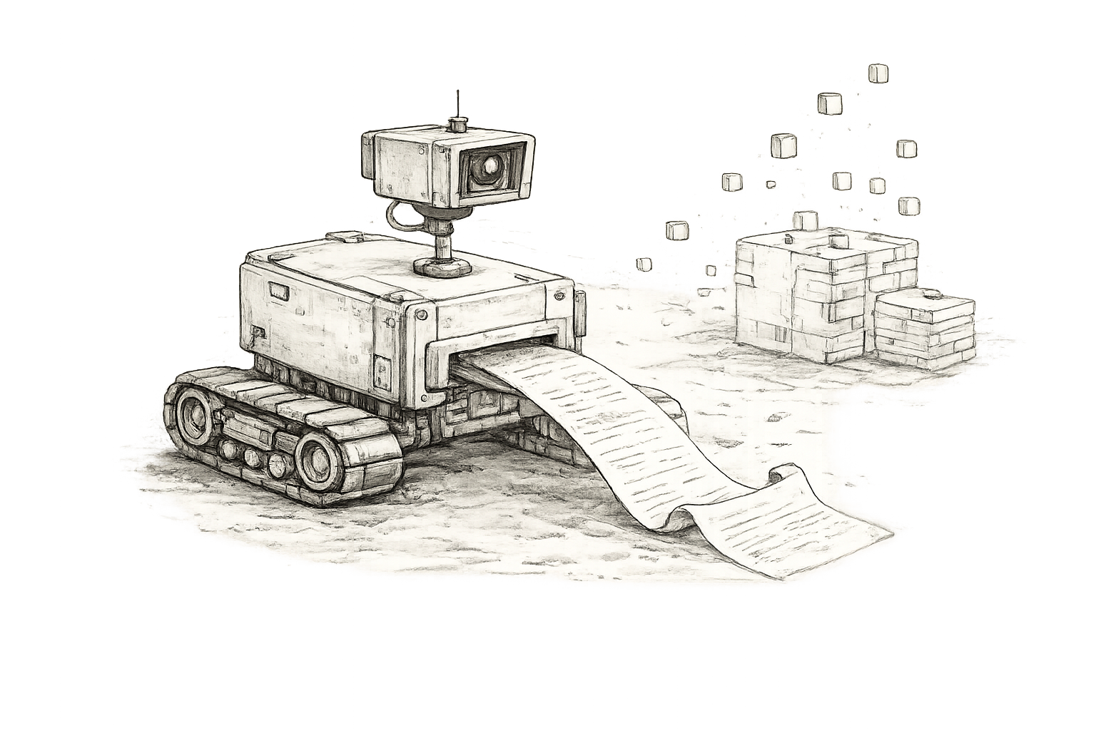 Pen-and-ink illustration of a tracked robot printing a long scroll of harvested data beside scattered cubes.