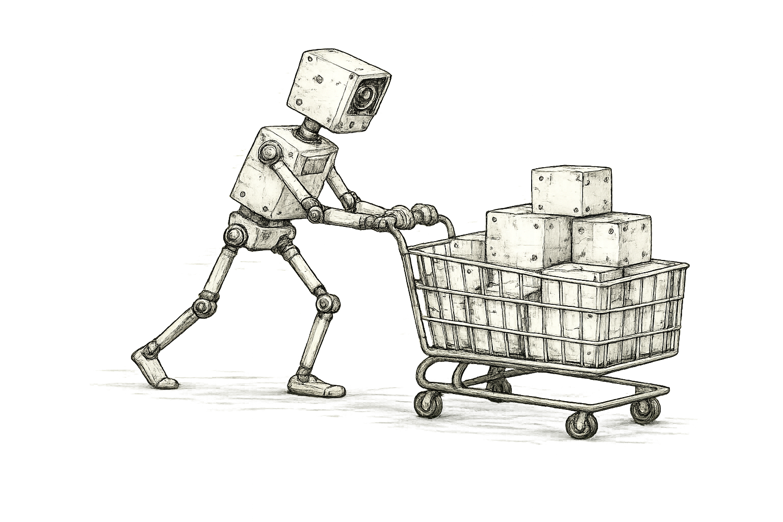 Pen-and-ink illustration of a robot pushing a shopping cart overloaded with reserved inventory boxes.