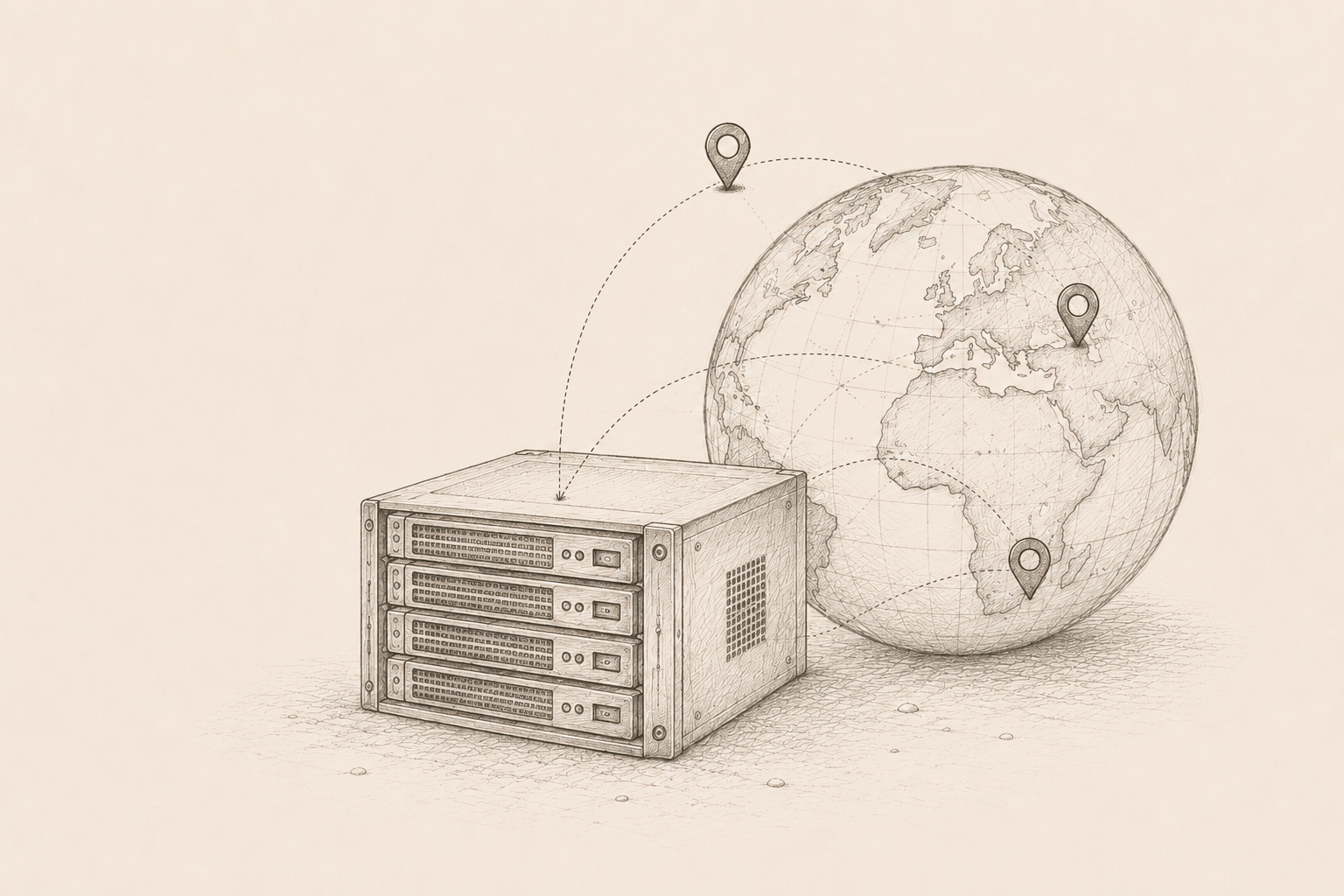 Pen-and-ink illustration representing the network layer — routes, IP nodes, and autonomous-system arcs traced across a field.