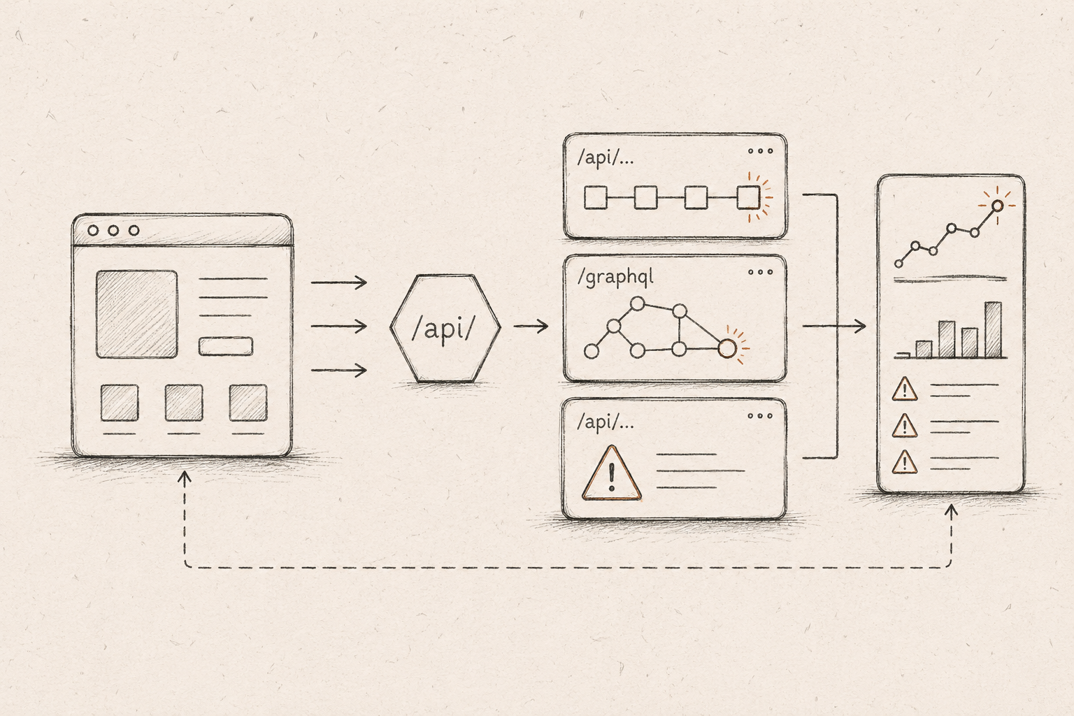 Pen-and-ink illustration representing the application layer — endpoint sequences, GraphQL query shapes, and error patterns.