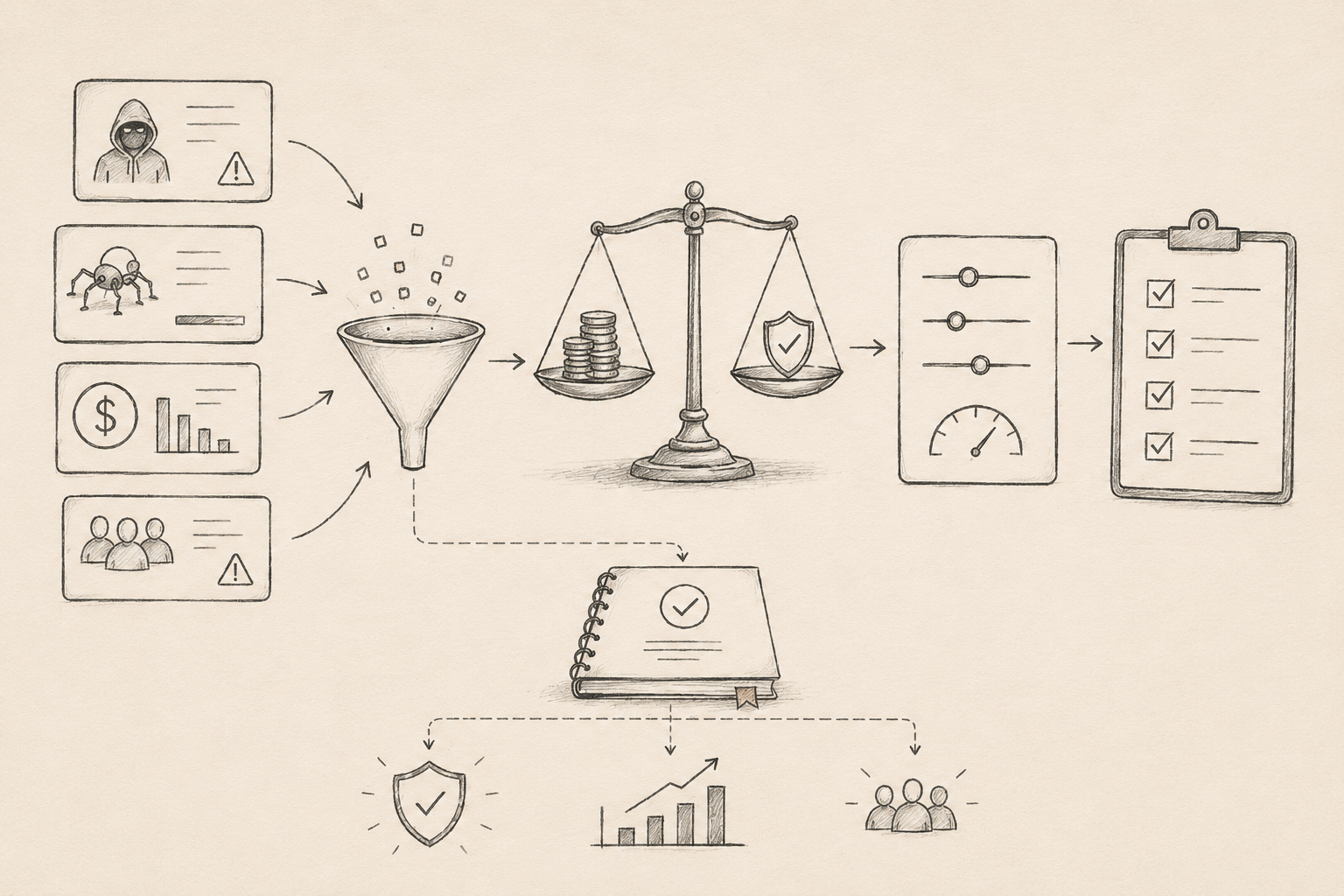 Pen-and-ink illustration representing the business layer — risk scales, cost ledgers, and policy tradeoffs.